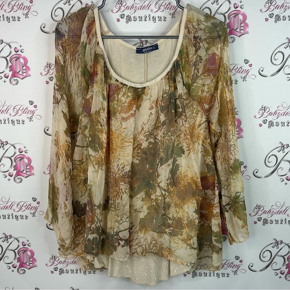 Giulia Italy flowy camo style leafs Floral Chiffon Blouse - Cream and Brown